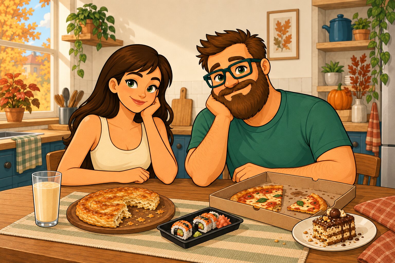 Sonbahar mutfağında baniçka, boza, pizza, sushi ve tatlı bulunan masada oturan çift