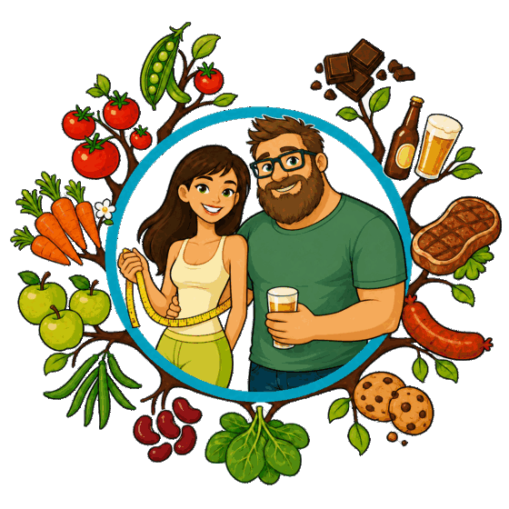 Sebzeler ve sevdiği yiyecekler arasında duran gülümseyen çift
